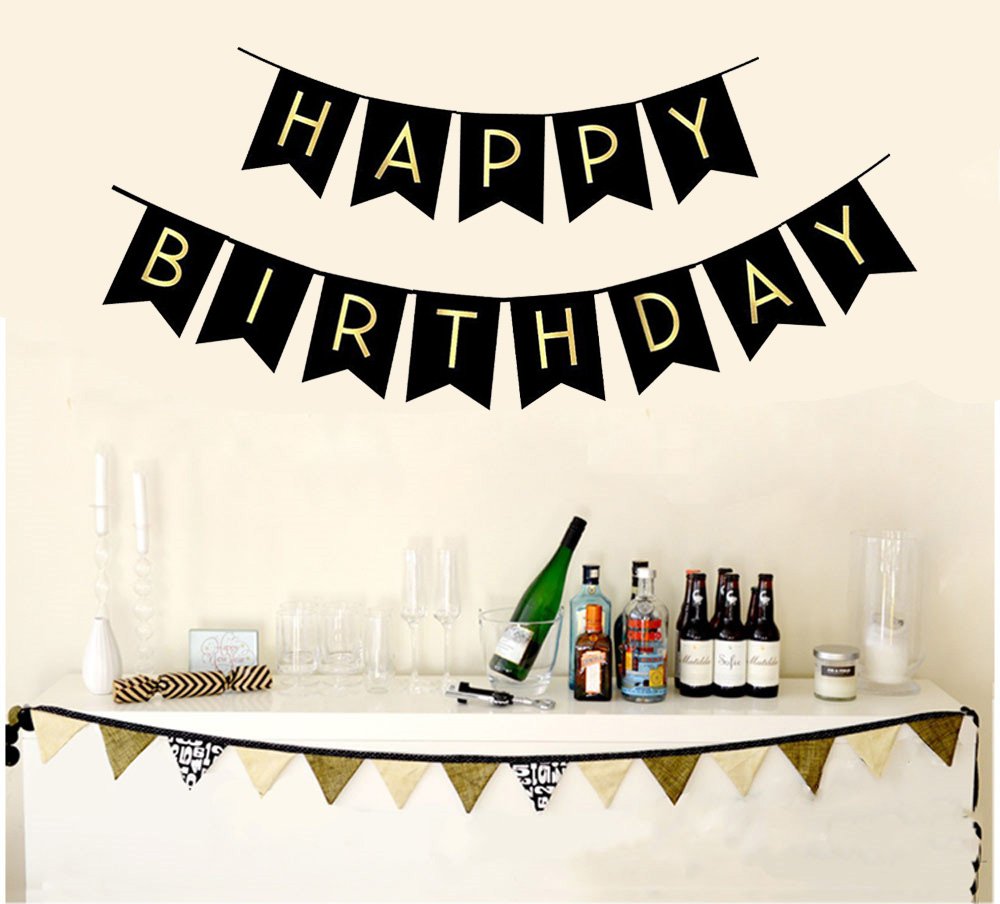 Fecedy Black Happy Birthday Bunting Banner with Shiny Gold Letters Pre-Strung No DIY for Birthday