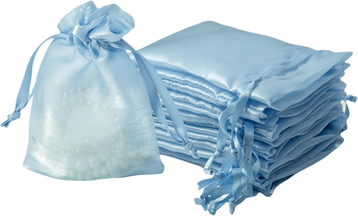 QIANF 20 Pcs Blue Small Organza Bags 3X4 inch for Wedding Favors with Drawstring, Mini Mesh Gift