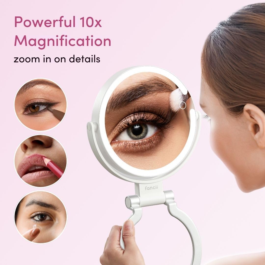 Fancii Travel Magnifying Mirror 10x /1x with Lights, Rechargeable | 9-Inch Extra Large LED Lighted