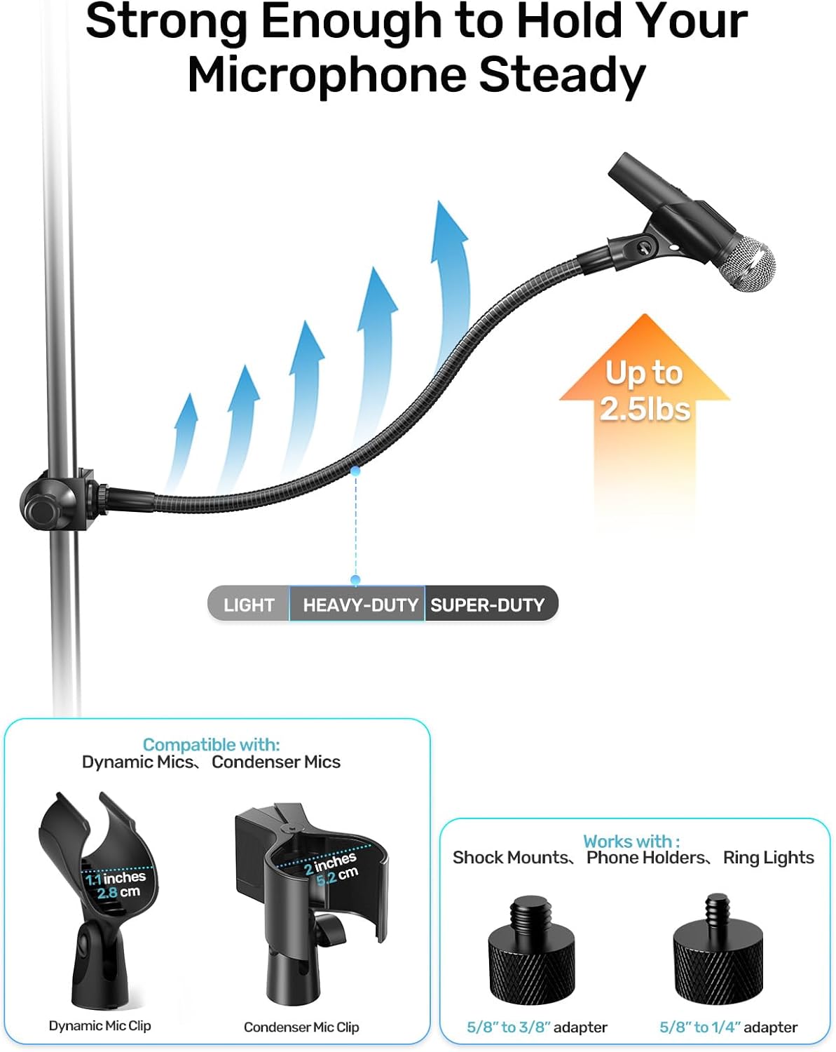 19-inch Gooseneck Microphone Holder Stand, Flexible Mic Arm with Super Crab Clamp for Mic