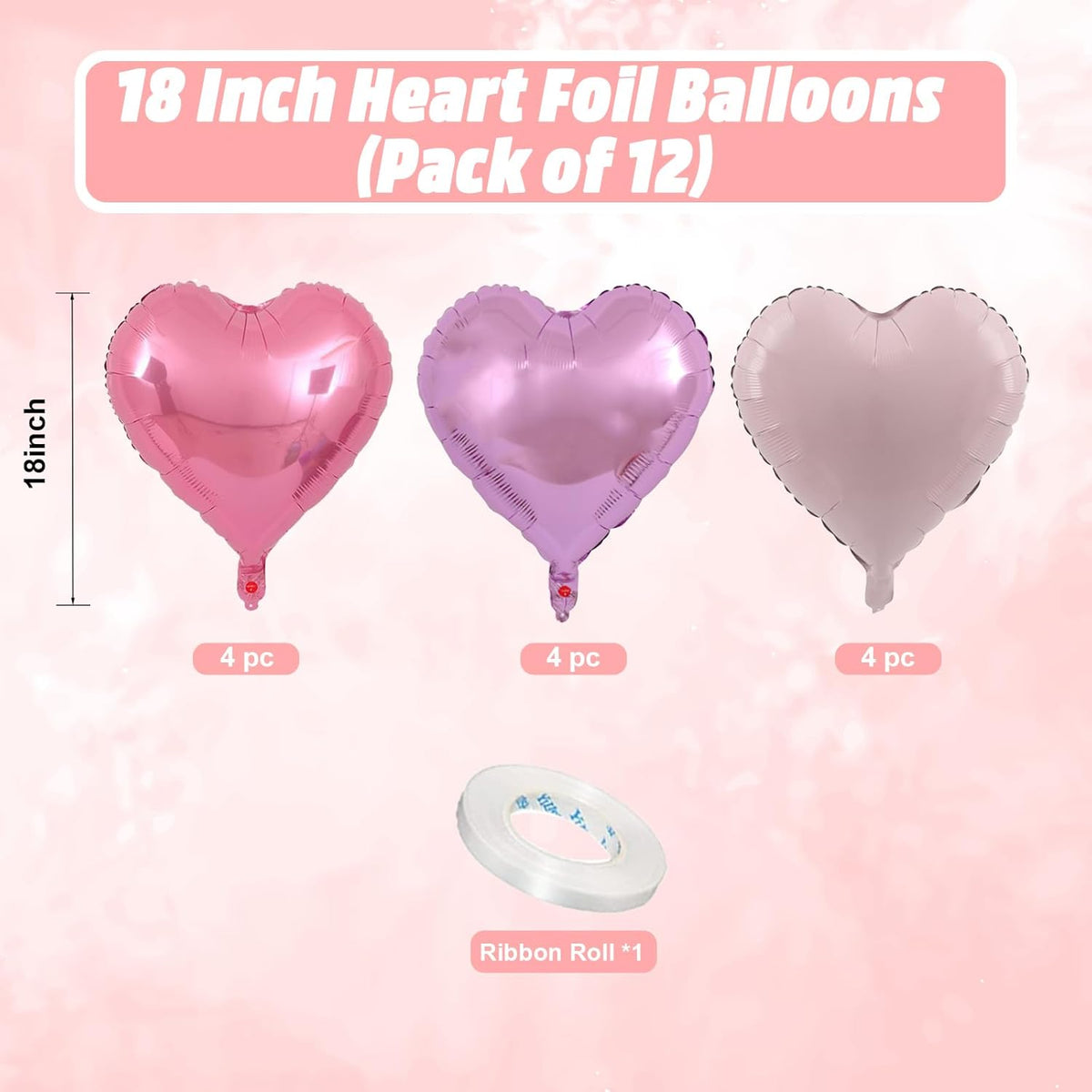 Pink Purple Heart Balloons, 18 Inch Light Purple and Pink Heart Shape Balloons, 12PCS Pastel Pink