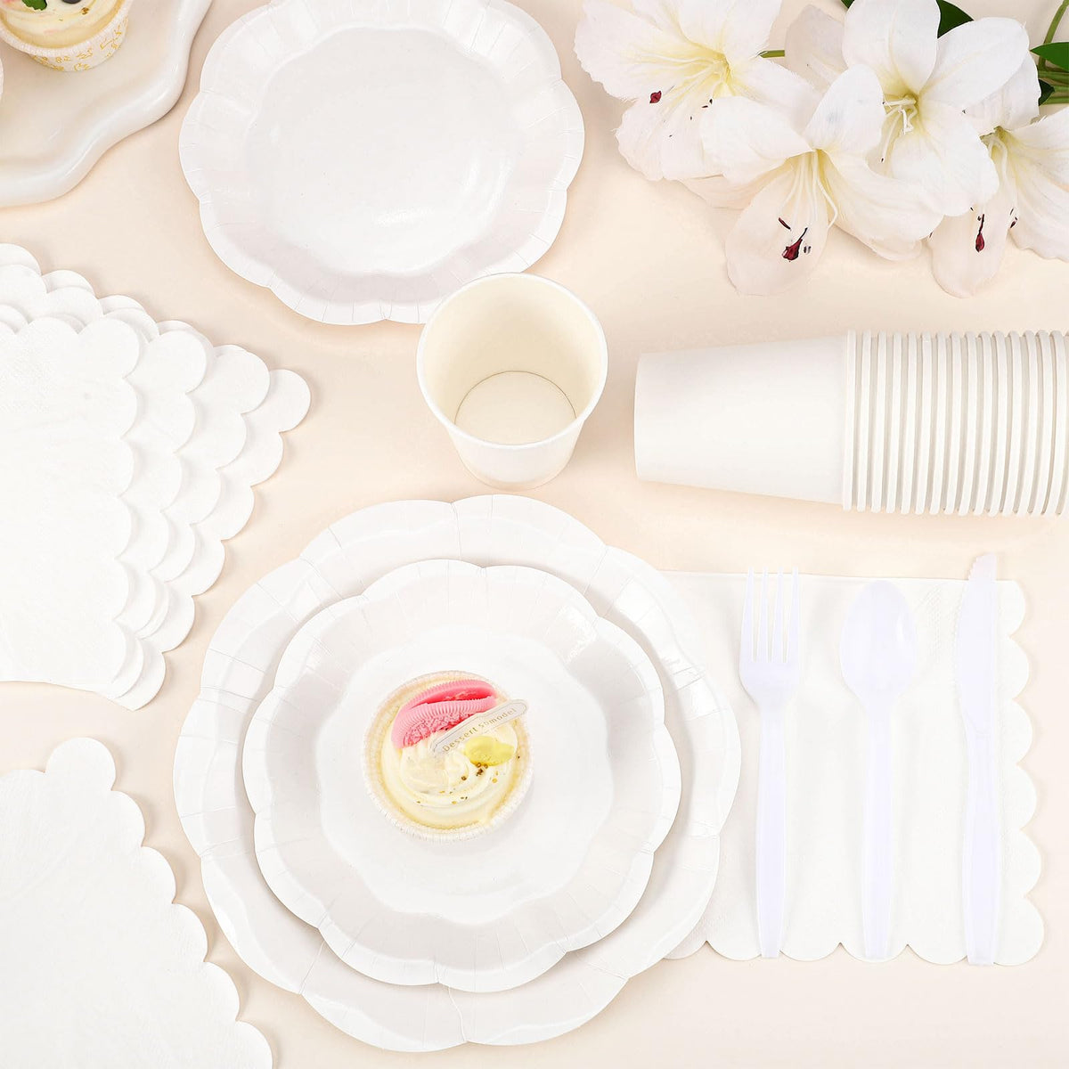 350 Pcs White Party Supplies Include Scalloped Paper Plates and Napkins