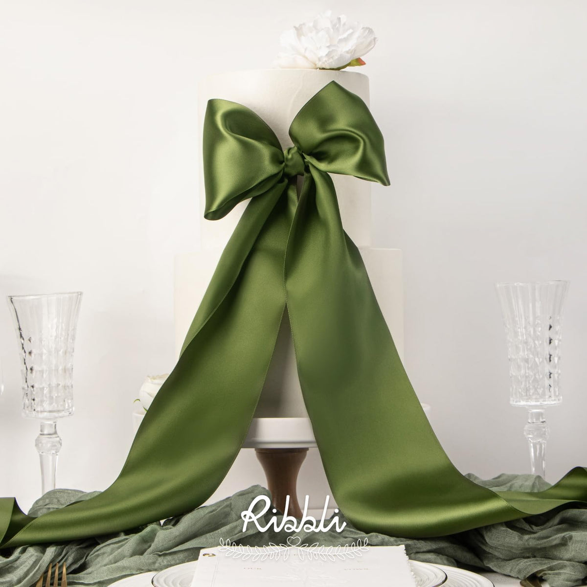 Ribbli Moss Green Satin Ribbon 4 Inch Wide Moss Green Ribbon for Wedding Chair Sash Grand Opening