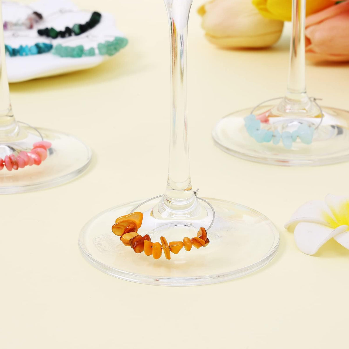 Pride & Par 24 Pcs Nature Gemstone Beads Glass Charms for Stem Glasses, Wine Glass Decoration for