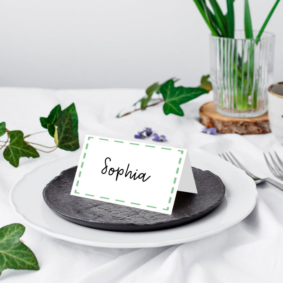 25 Pack Green Lines Place Cards, Editable Name Cards for Table Setting, Tent Cards Food Label for