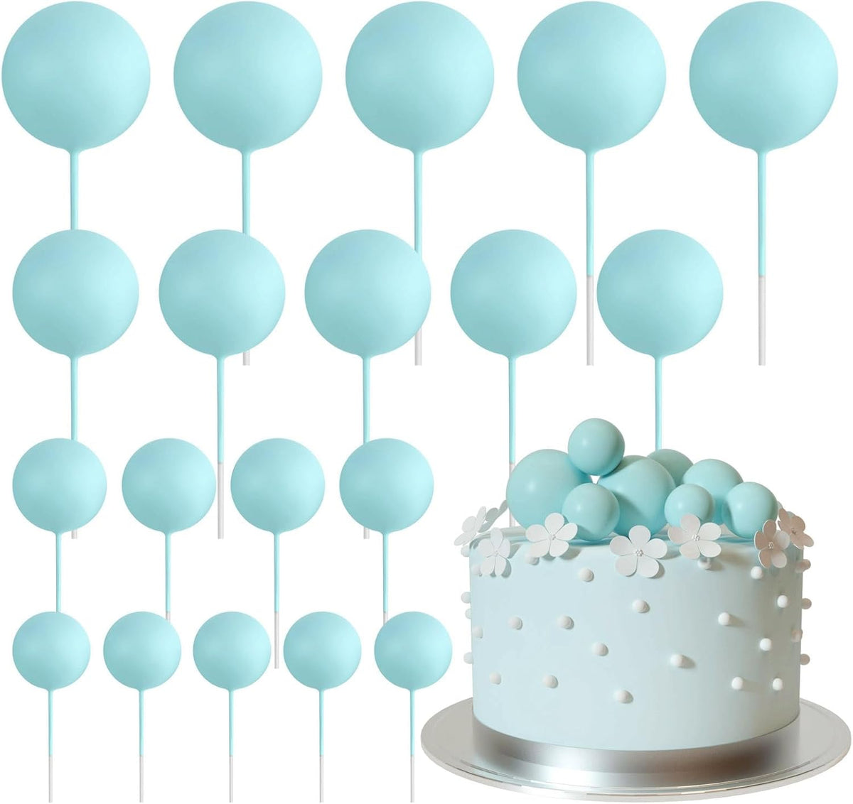 ASTARON 20 Pcs Ball Cake Topper Decorations Mini Balloons Cake Topper Sticks Light Blue Balls Cake