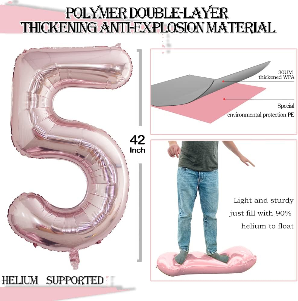 GOER 2 Pcs 42 Inch Rose Gold Foil Balloons Number 5,Huge Number Balloons for 5th 55th Birthday