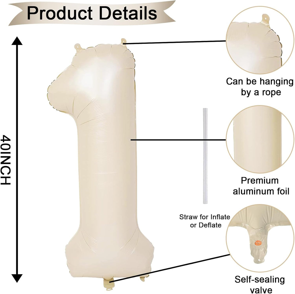 40 Inch Cream Number 1 Balloon, Beige Large Self Inflating Foil One Balloons for 1st Birthday