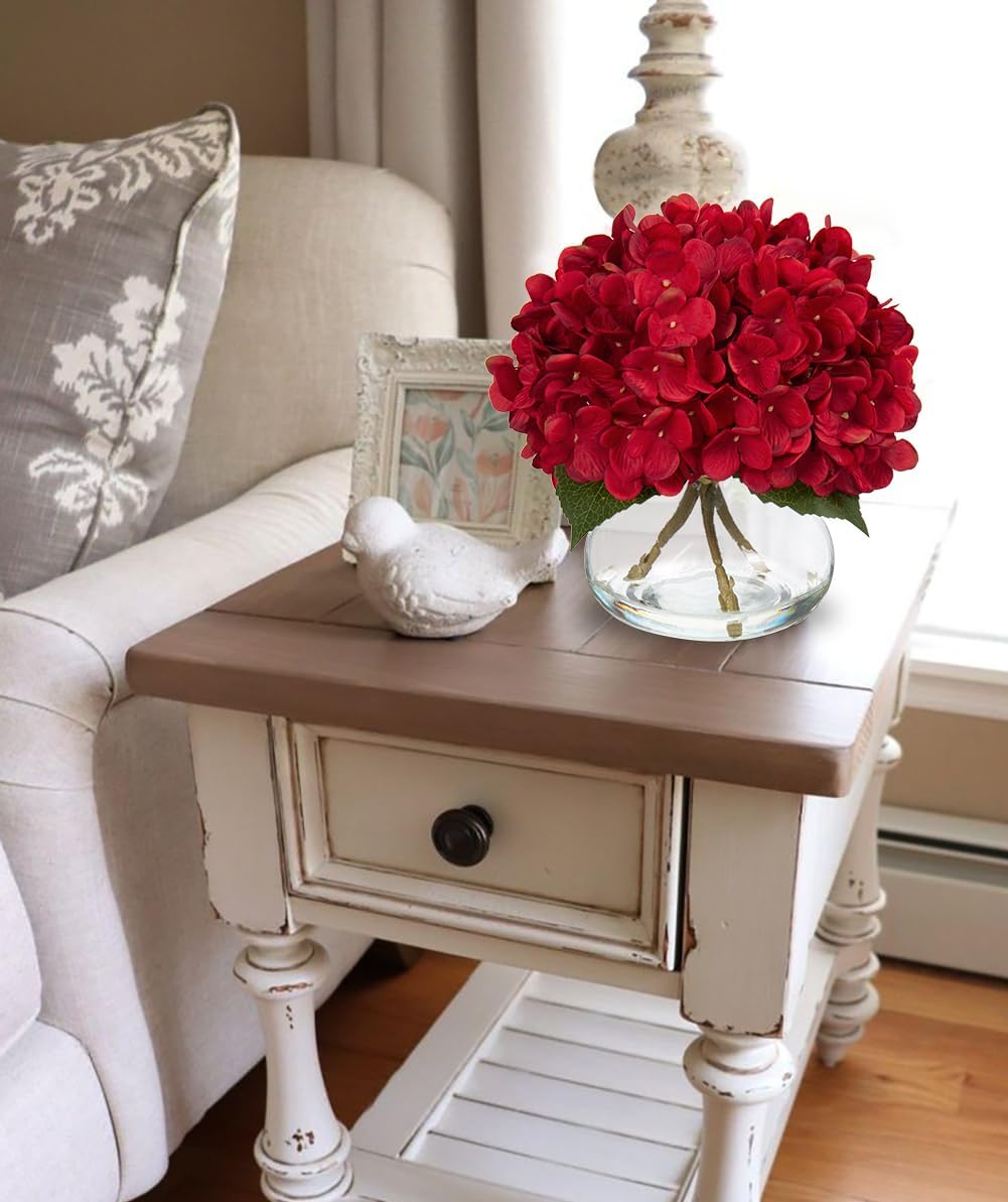 Hollyone Hydrangea Artificial Flowers in Vase Red Silk Fall Fake Flowers Arrangements with Glass