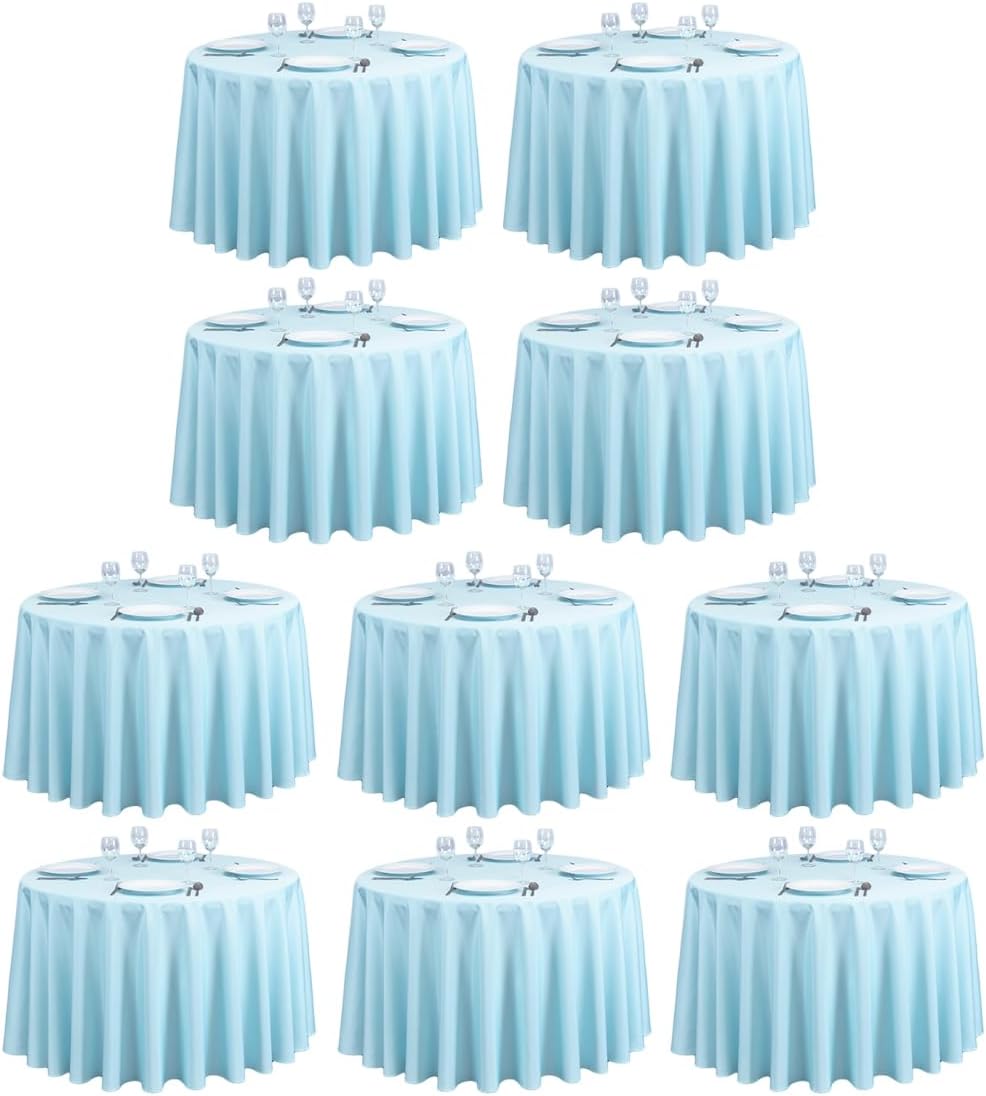 LTC LINENS 10 Pack 108 Inch Round Tablecloths Baby Blue - Bulk for 48 Inch Round Table Floor Length