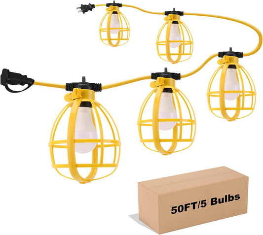 50FT Construction String Lights, 50W 5 Bulbs Work Lights with E26 Base, IP65 Waterproof, 4000LM