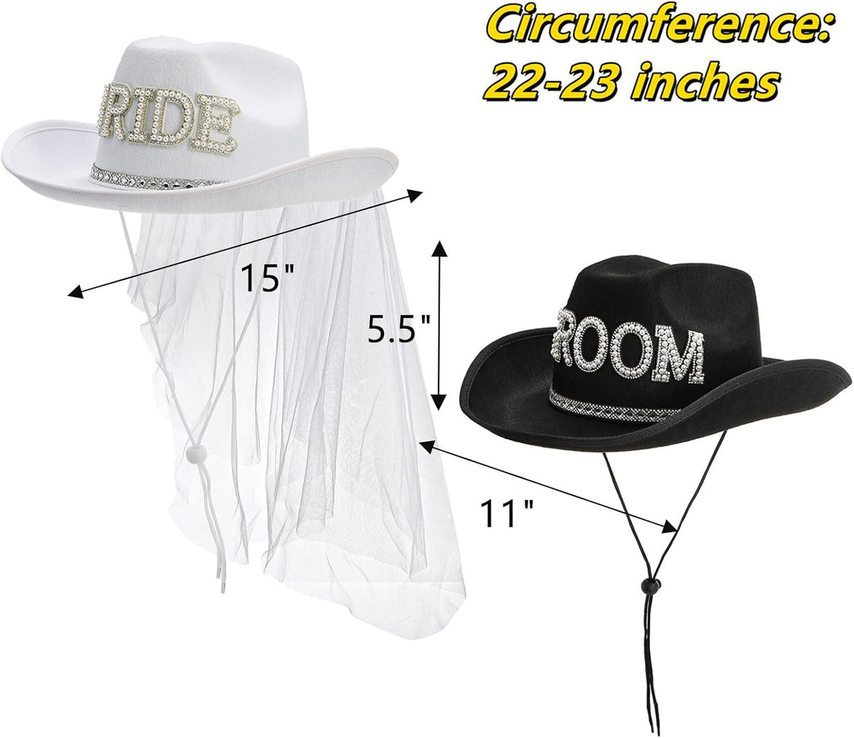 Frcctre 2 Pcs Bride Cowgirl Hat with Veil, Black Groom Cowboy Hat, Rhinestone Bride and Groom