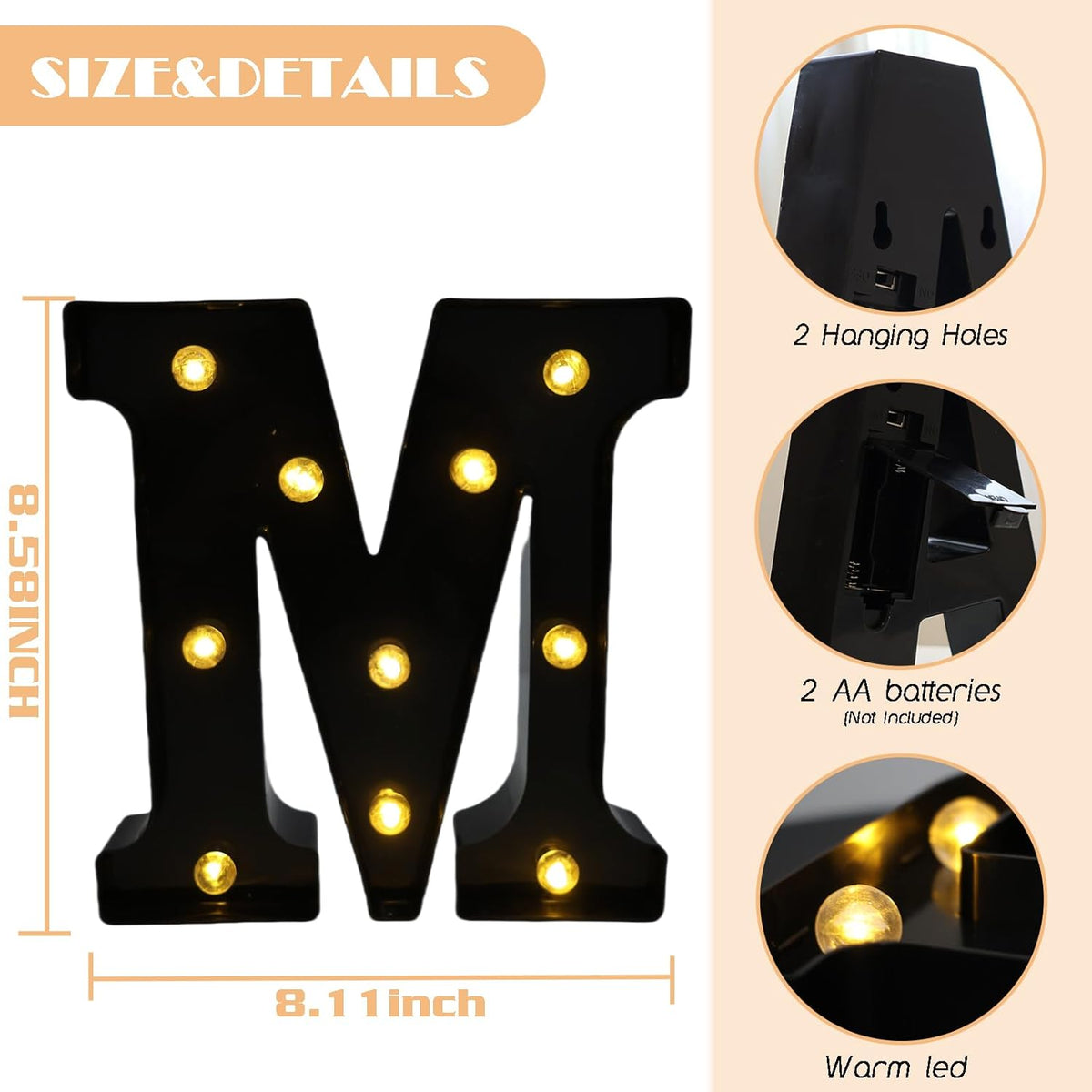 Led Marquee Letters, 8.58 Inch Black Light Up Letters, Small Led Letter Lights, Battery Powered