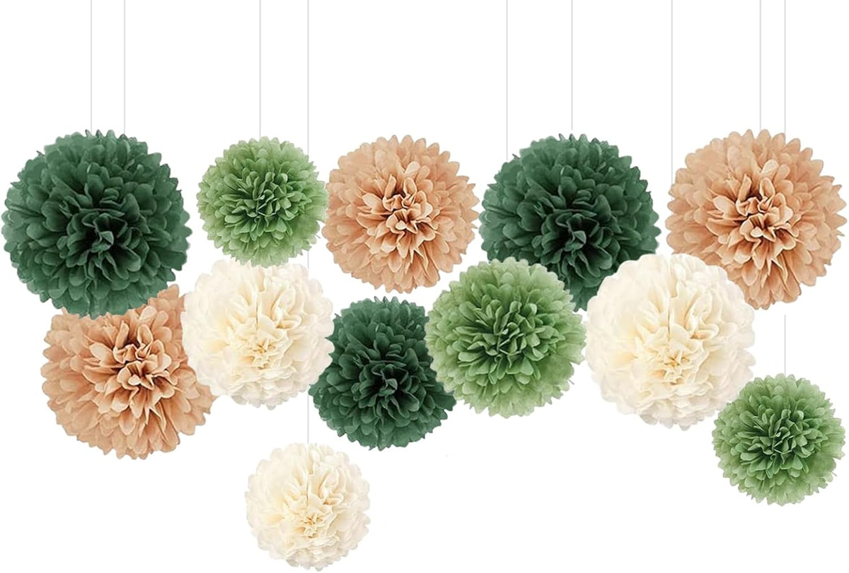 Capesaro Olive Sage Green 12PCS Paper Pom Poms Party Decorations for Natural Green Boho Safari