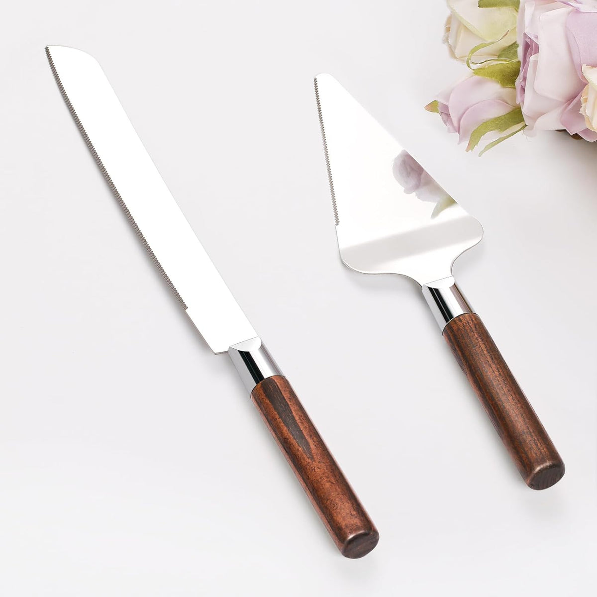 Cake Cutting Set for Wedding, Wood Cake Knife and Server Set, Vintage Pie Cake Cutter, Silver Pizza