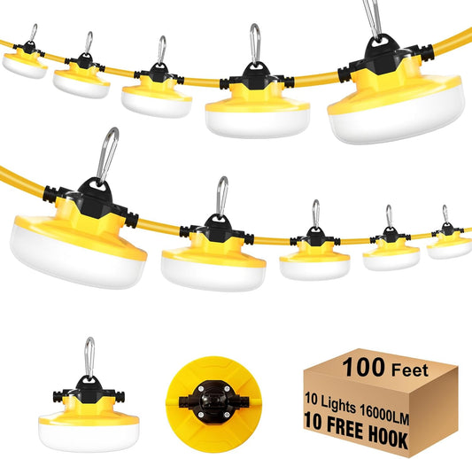 100FT LED Construction String Lights 3 Prong, 130W 16000Lm LED String Work Lights, 5000K Daylight