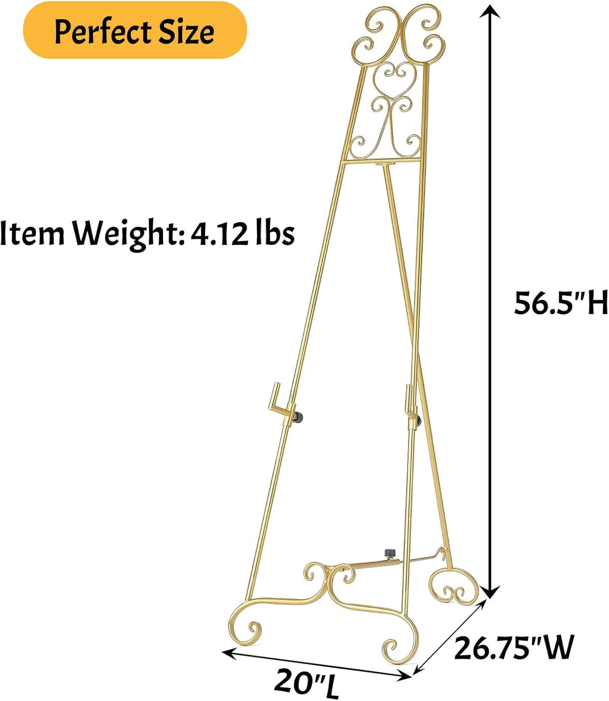 Metal Large Free Standing Adjustable Display Stand Scroll Easel with Chain Support, Gold Easel