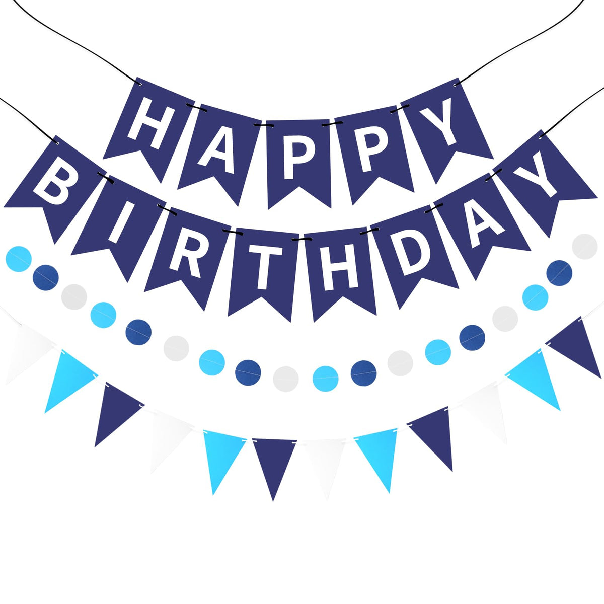 Blue Happy Birthday Banner, Happy Birthday Decorations Hanging Birthday Sign Circle Dot Triangle
