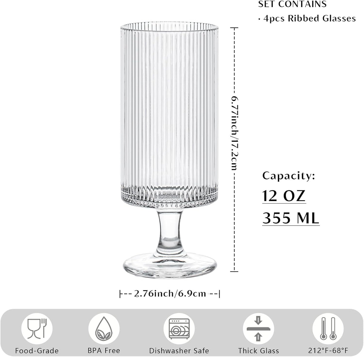 INSETLAN Set of 4 Ribbed Glass Goblets – 12oz Vertical Stripe Stemmed Glassware for Cocktails