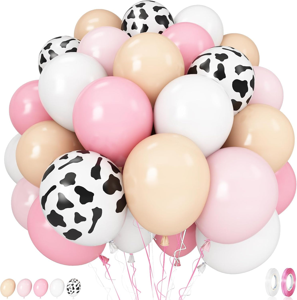 Cow Print Balloons, 60PCS Pastel Pink Cow Print Latex Balloons, Pink Cream Beige White Balloons for
