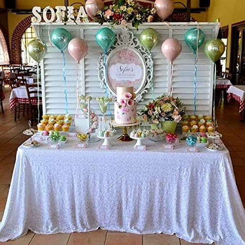 QueenDream Sparkly Sequin Tablecloth - White Table Cloth 50x80 Inches Rectangle Table Overlay