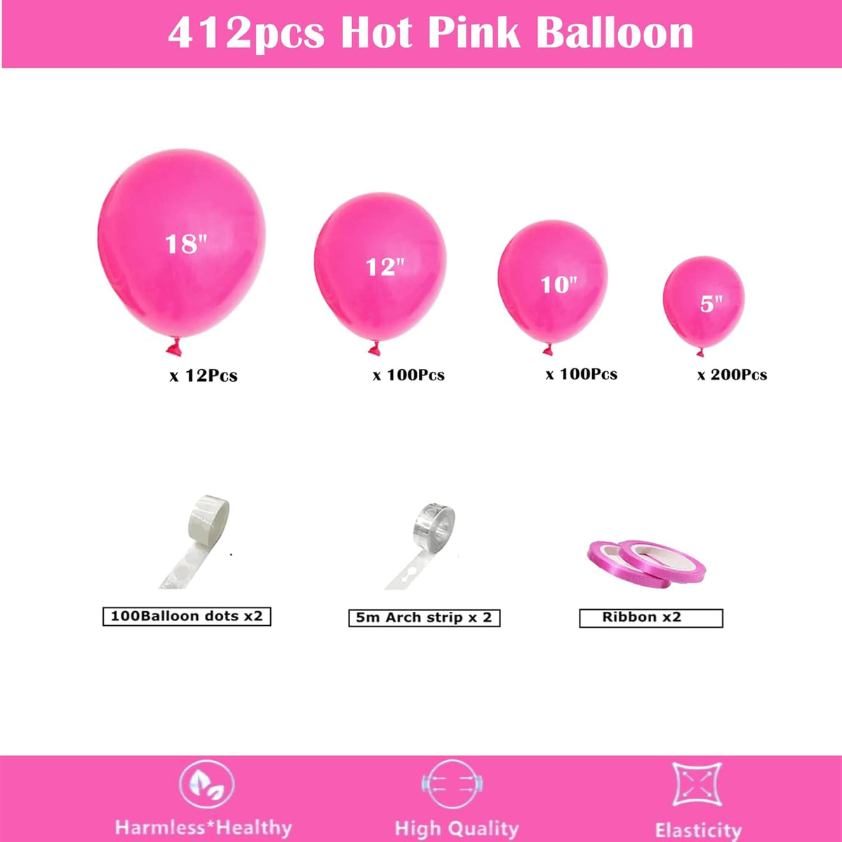 412pcs Hot Pink Balloon Garland Arch Kit 18 12 10 5 Inch Different Sizes Matte Latex Balloons for