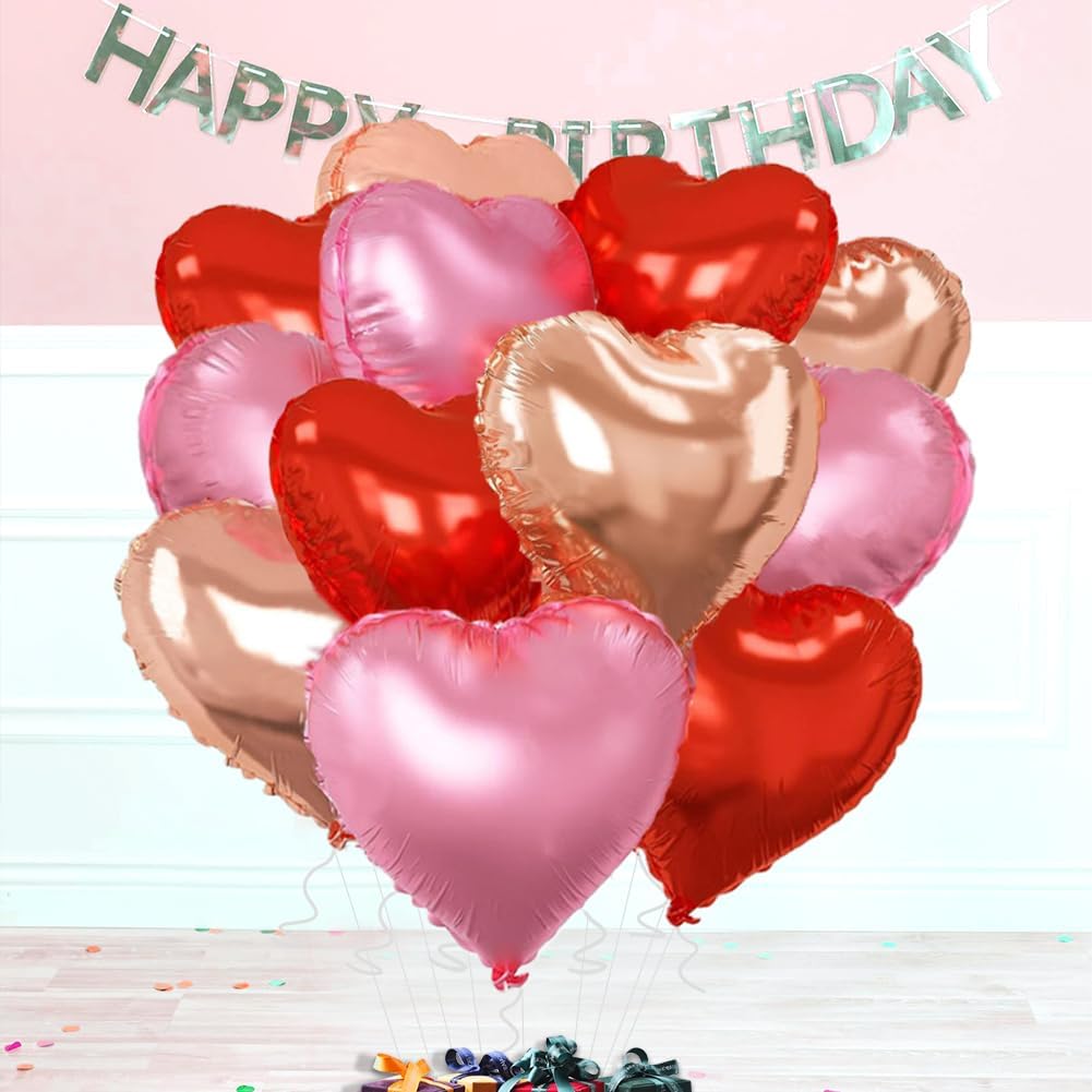 Rose Gold & Red Heart Balloons，18 Inch Light Pink Foil Love Heart Shaped Balloons for Anniversary