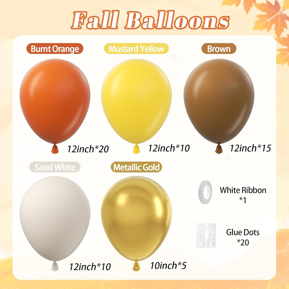 60pcs Fall Balloons Thanksgiving Balloons 12inch with Burnt Orange Brown Mustard Yellow Sand White