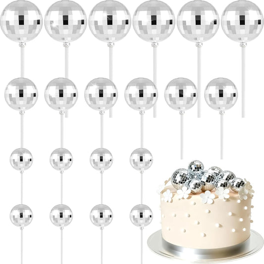 ASTARON 20 Pcs Disco Ball Cake Topper Decorations Sticks Silver Cake Balls Picks Toppers for