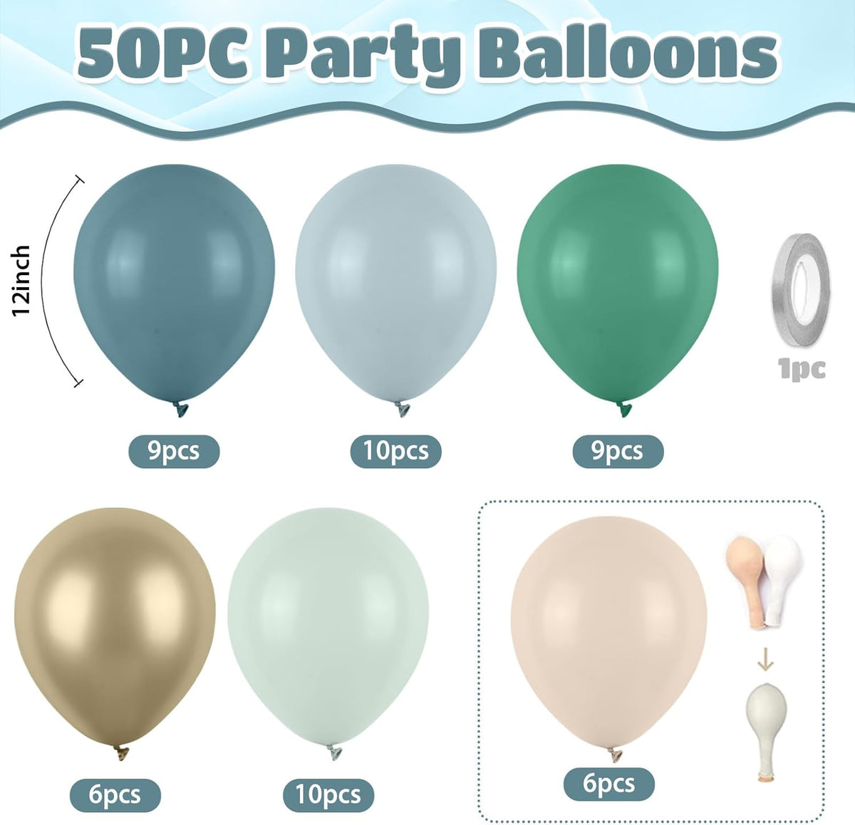 Sage Green Blue Balloons, 50pcs Dusty Green Blue Balloons, Double Stuffed Cream Balloon Champagne