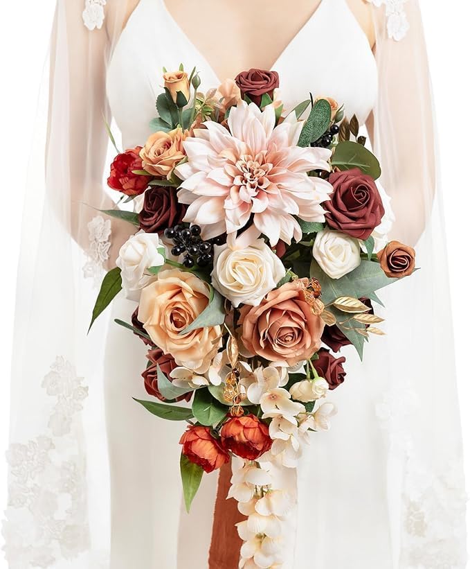 Ling's moment Terracotta Bridal Bouquet Cascading, Orange Wedding Bouquets for Bride, 13 Inch Bride
