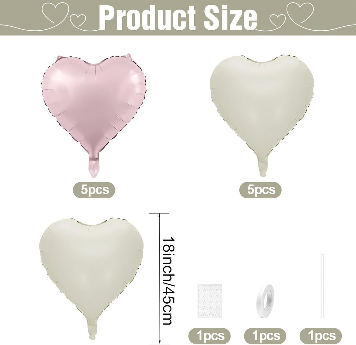 Pink White Heart Balloons,10Pcs Cream Baby Pink Foil Heart Shaped Balloons,18Inch Sand White Helium