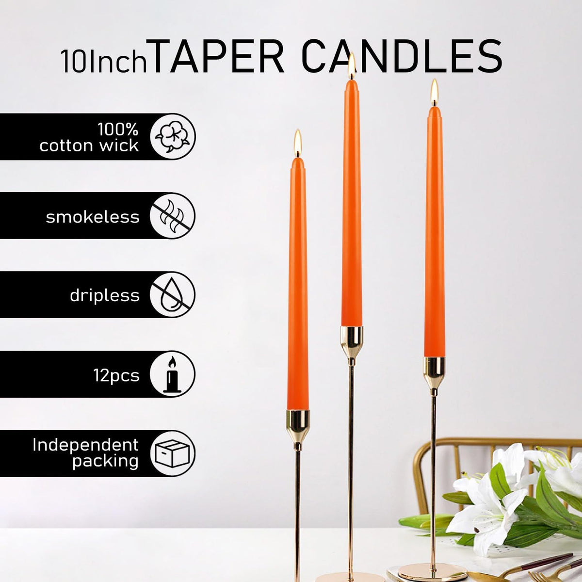 10 Inch Orange Slender Taper Candles Set - 12 Pcs Dripless, Smokeless with Cotton Wick, Ideal for