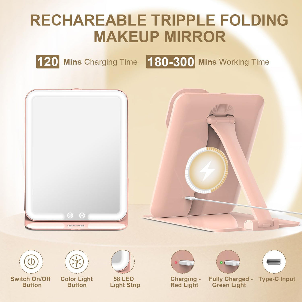 Mocado Travel Makeup Mirror with Light - 7x5 Inches Tripple Folding Travel Mirror with Light, 3