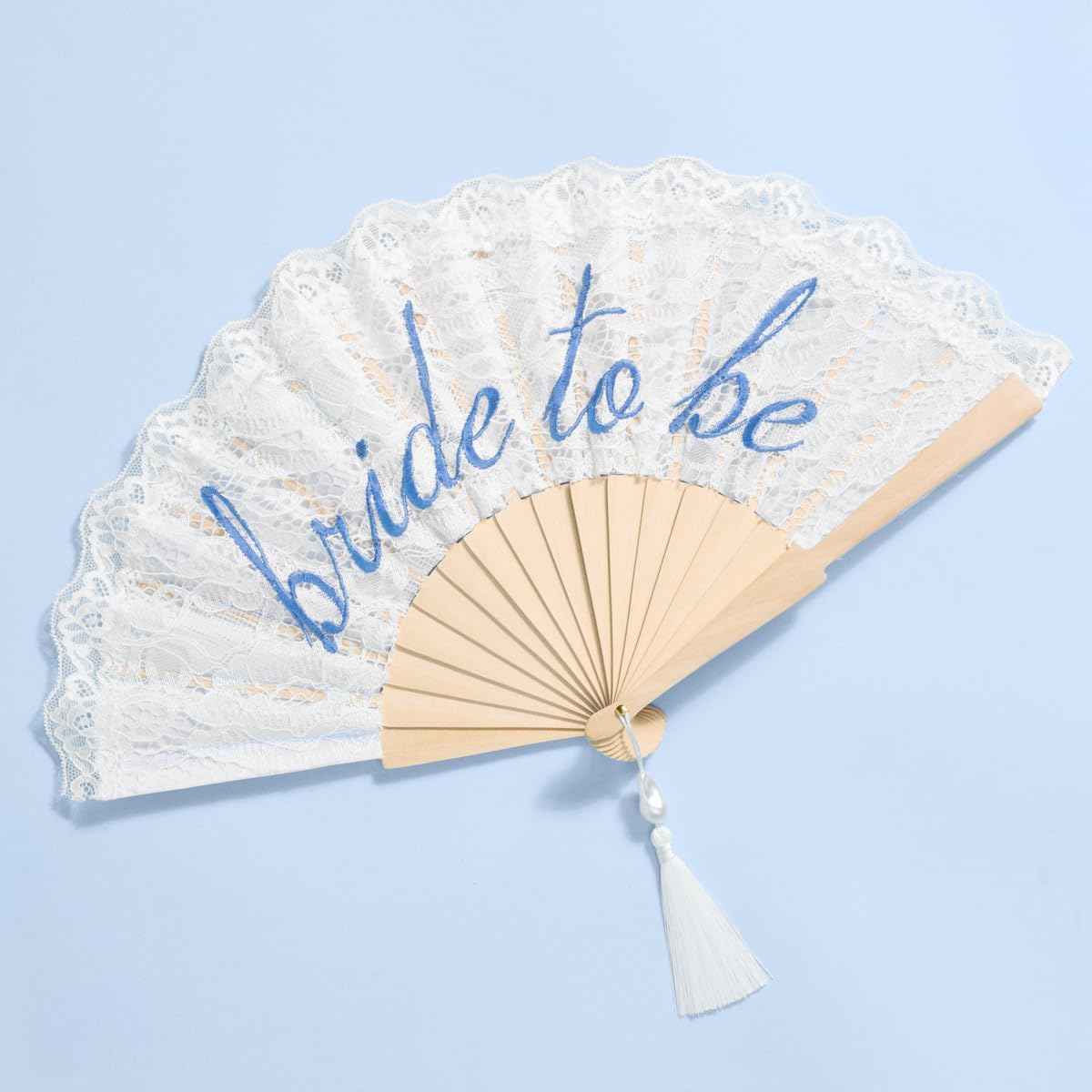 xo, Fetti White Lace Bride to Be Folding Fan | Bridal Something Blue, Wedding Accessory, Bridesmaid