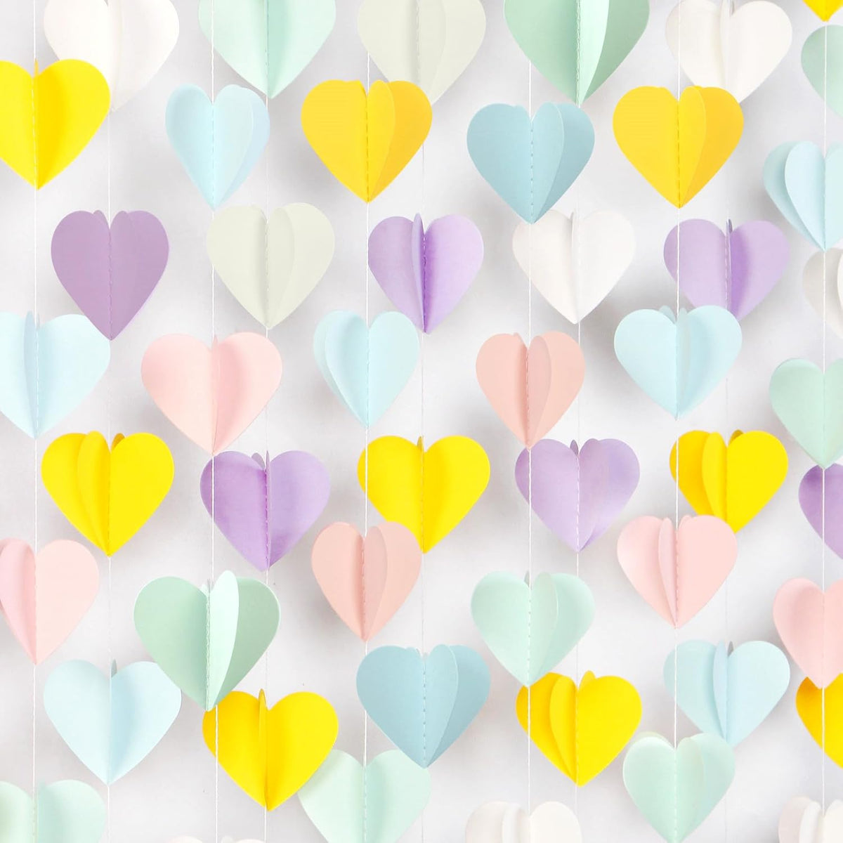 Pastel-Rainbow Party-Decorations 3D Heart Garland - 39Ft Yellow Blue Pink Purple Mint Hanging Paper