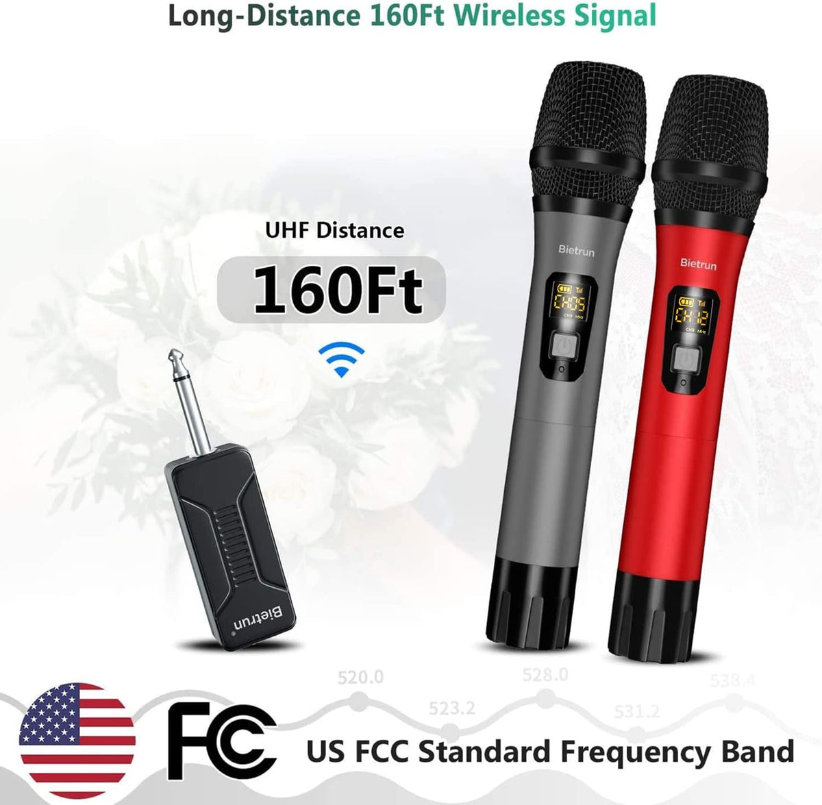 Bietrun Wireless Microphone, Professional UHF Metal Dual Handheld Cordless Dynamic Mic System Set