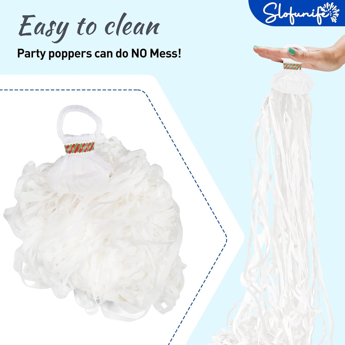 No Mess Streamers 100pack, White Confetti Poppers,Hand Throw Party Poppers No Mess for Birthday