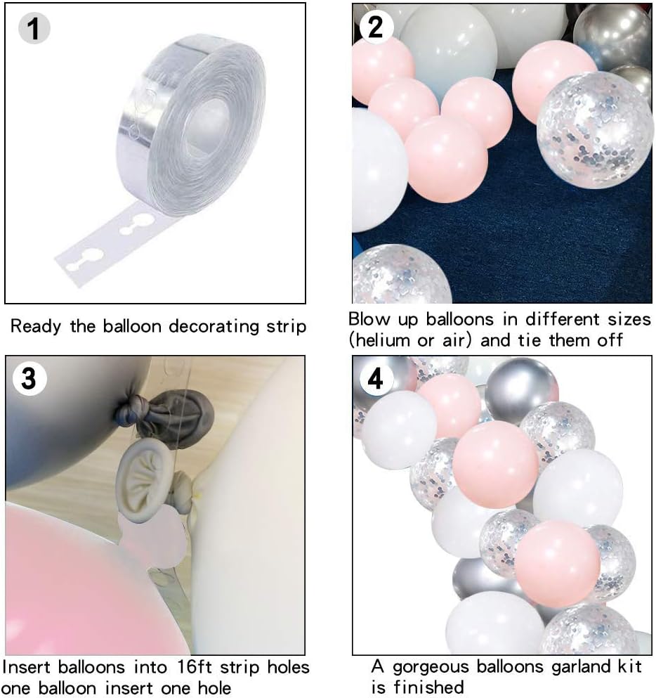 Silver Pink Balloons Garland Kit, 100pcs White and Silver Confetti Metallic Latex Balloons Arch