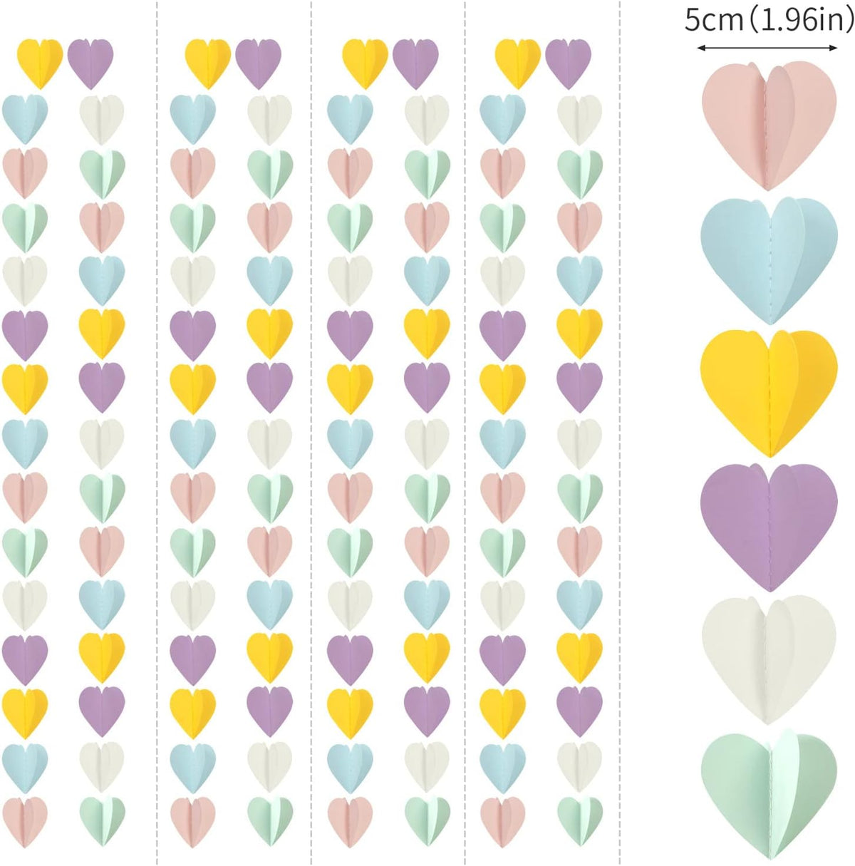 Pastel-Rainbow Party-Decorations 3D Heart Garland - 39Ft Yellow Blue Pink Purple Mint Hanging Paper