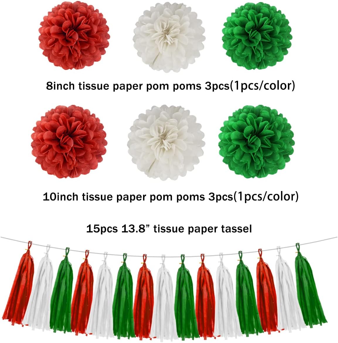 Red White Green Christmas Decorations - 23pcs Tissue Paper Flowers Pom Poms Tassel Garland Banner