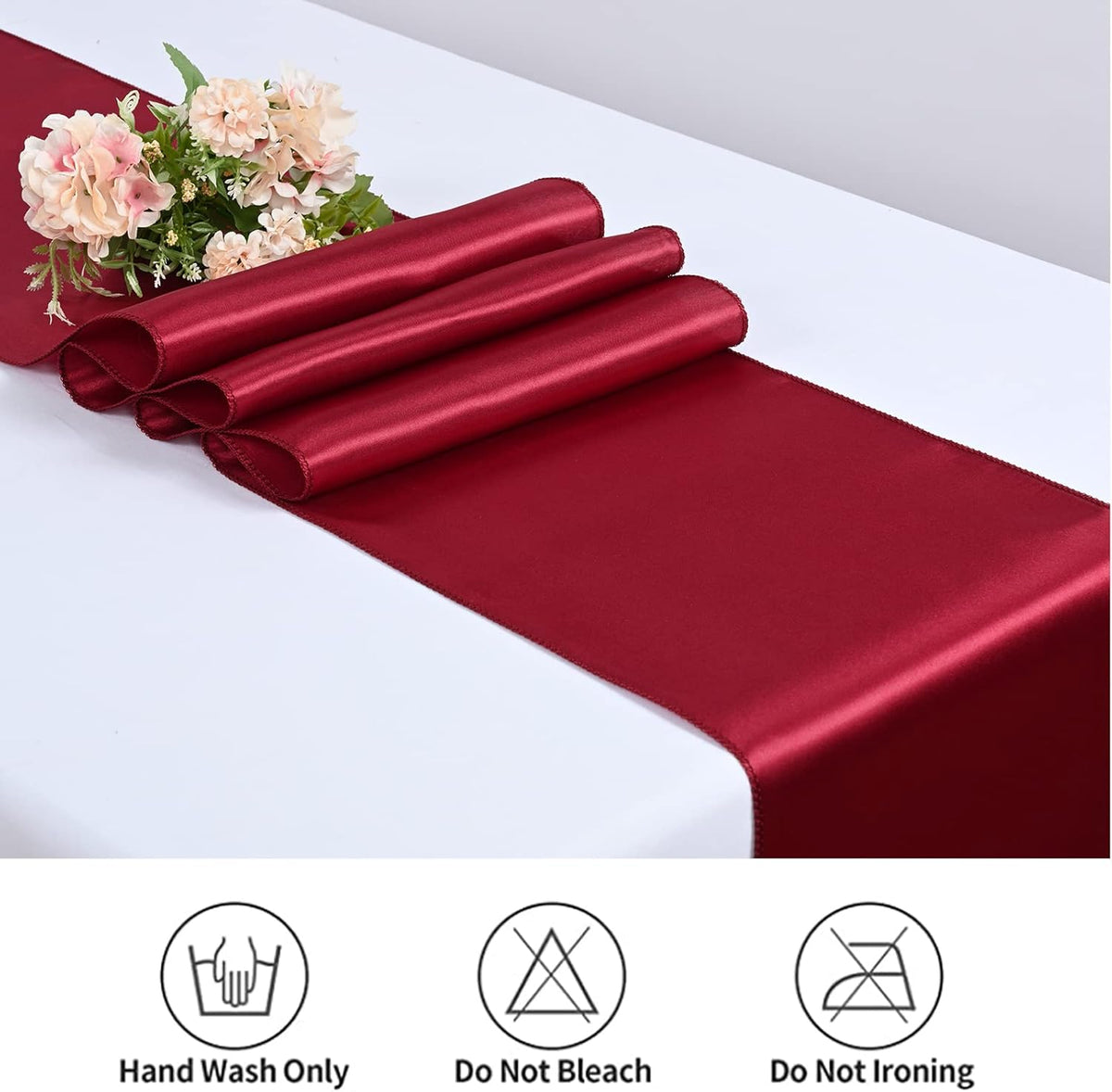 12 Pack Burgundy Satin Table Runner,12 x 108 inch Long Premium Smooth Table Runner for Wedding
