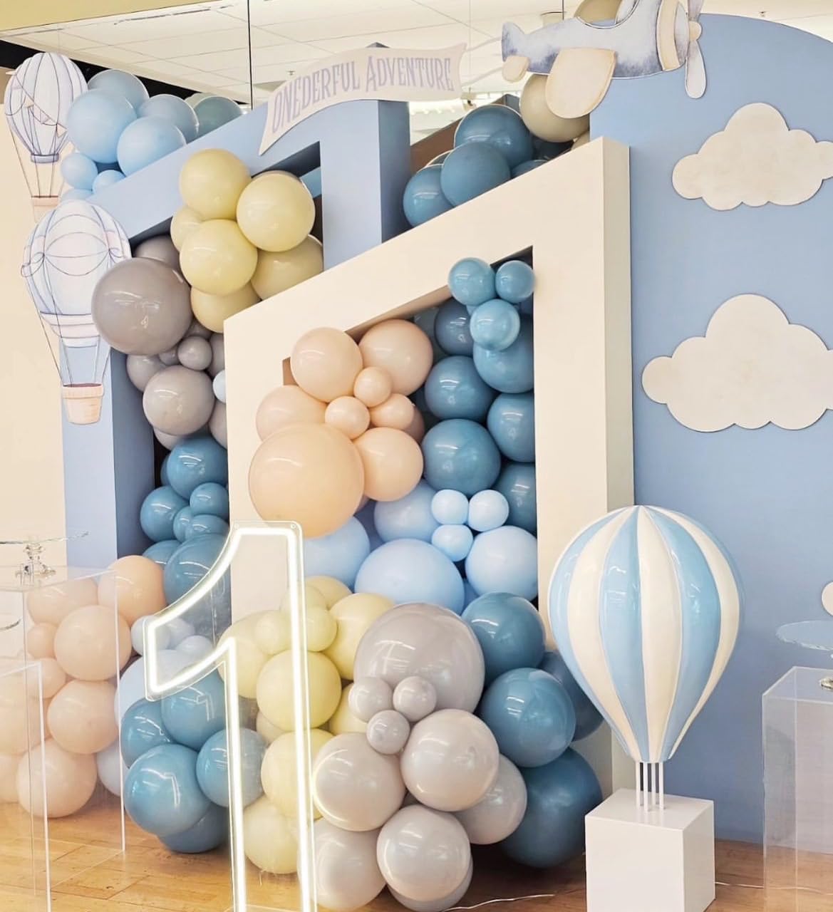 Up Up and Away Balloon Garland Arch Kit, 152pcs Dusty Slate Fog Baby Blue and Sand White Balloons
