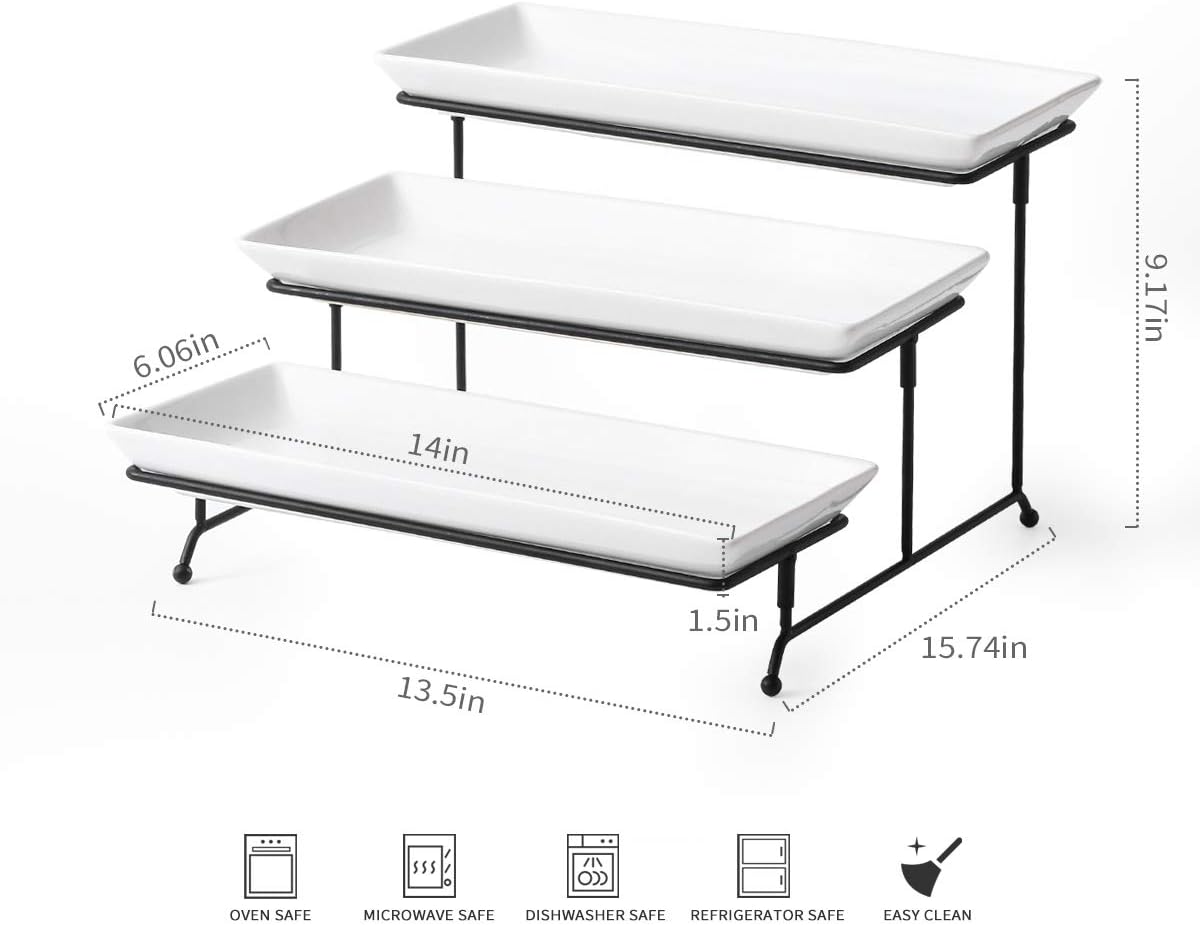 YHOSSEUN 3 Tier Serving Stand Tiered Tray Stand with 3 Porcelain Serving Platters Trays for Dessert