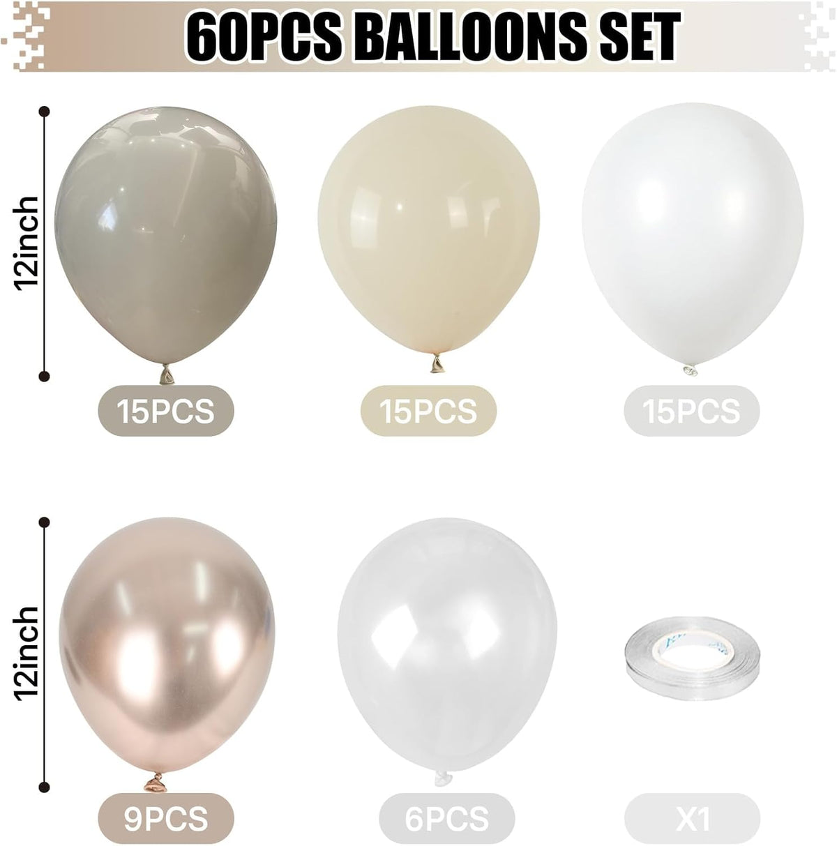 Beige White Gold Balloons, 60PCS Nude Metallic Champagne Gold Cream White Clear Balloon Ivory White