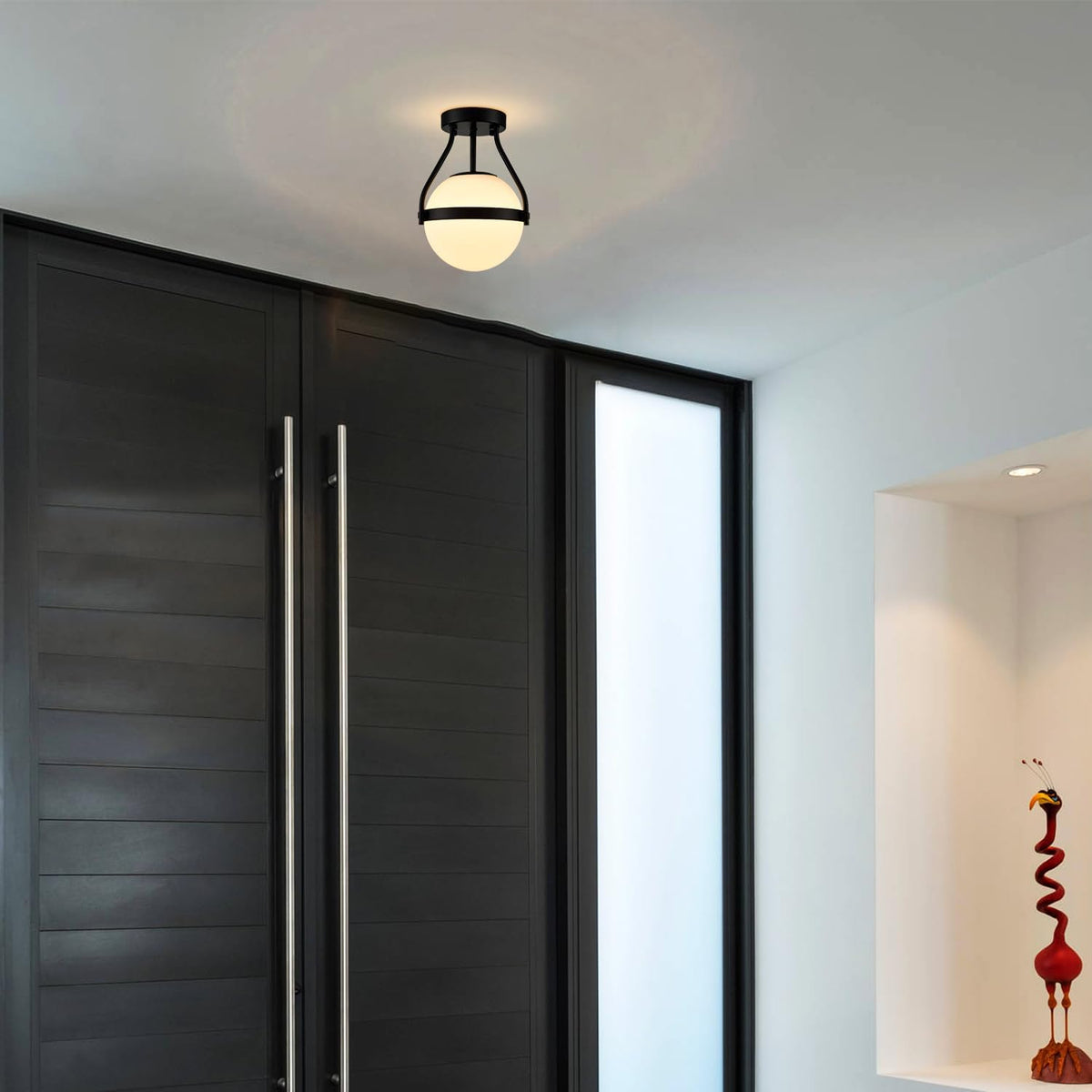 HOLKIRT Modern Globe Semi Flush Mount Ceiling Light,Black Ceiling Light Fixture with Opal Glass