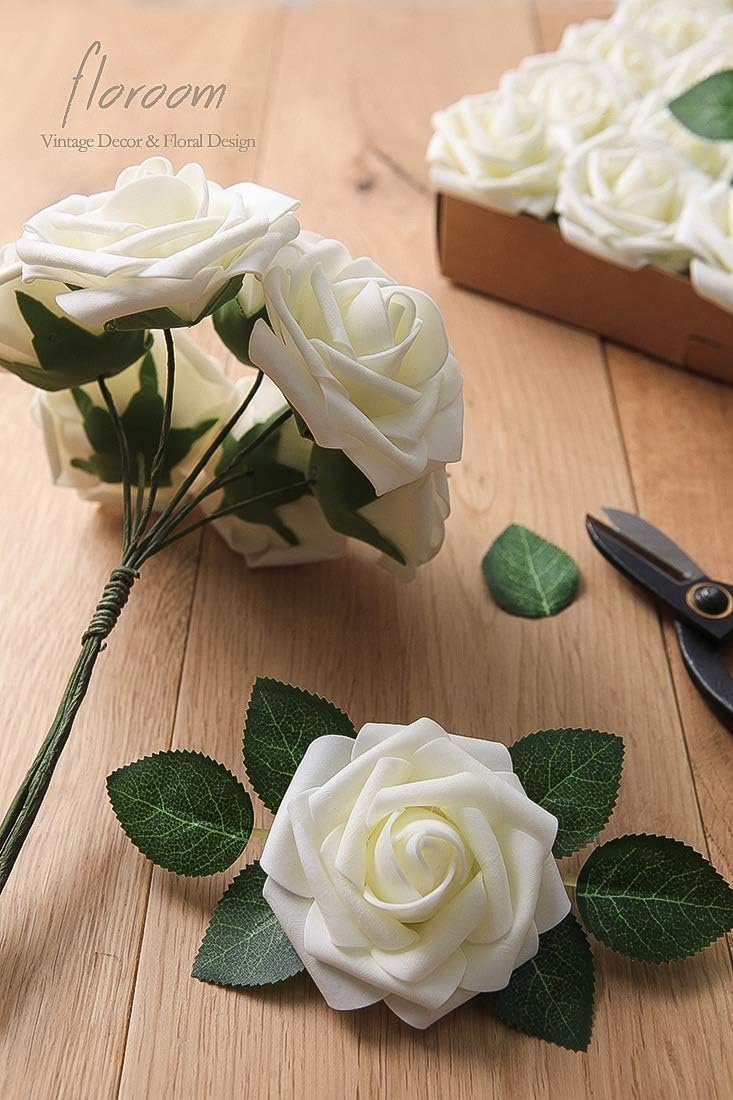 Floroom Artificial Flowers 50pcs Real Looking Ivory Foam Fake Roses with Stems for DIY Wedding