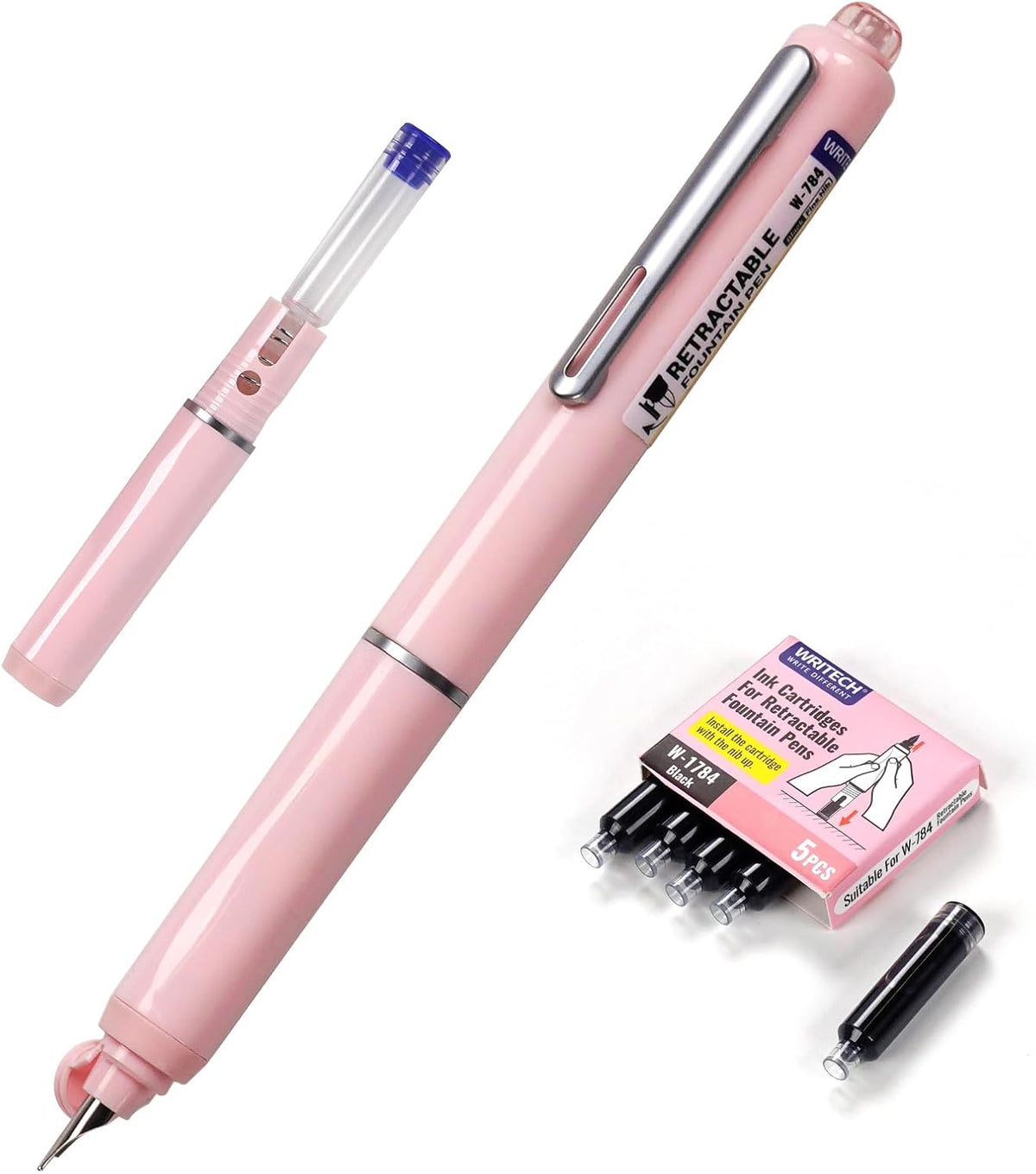 WRITECH Retractable Fountain Pen Set: Black Ink Fine Nib, 5 Refillable Ink Cartridges Included, No