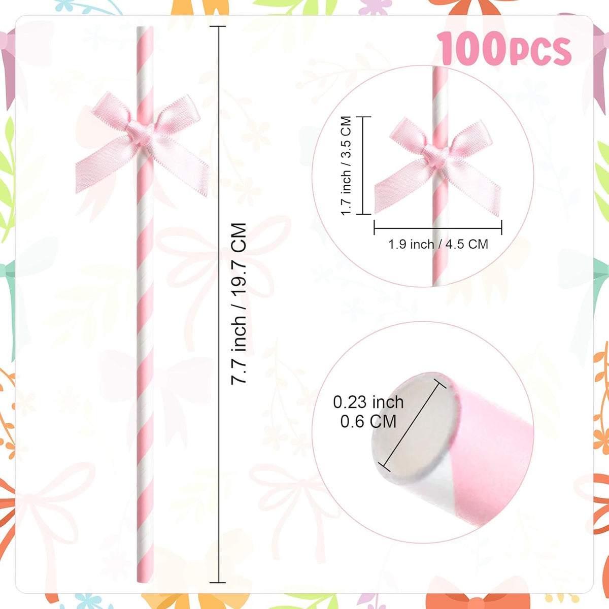 100 Pcs Pink Paper Straws for Drinking, Bow Disposable Striped Paper Straws Bulk Pink Theme