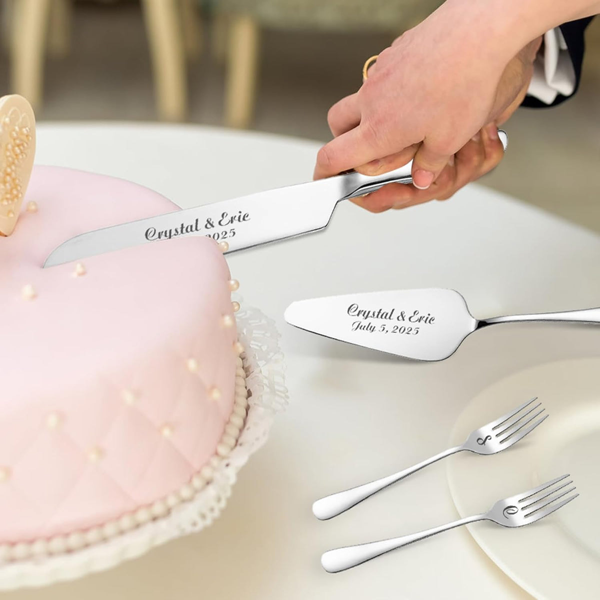 HJX Personalized Wedding Cake Knife and Server Set with Champagne Flutes, Custom Name Text Toasting